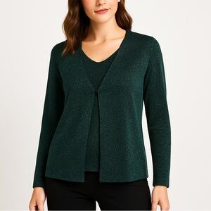 AB Studio shimmer knit holiday top metallic layered look relaxed fit green large